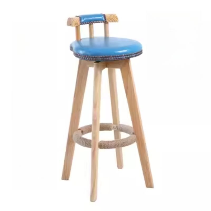 Boho-Chic Bistro Stool with Nailhead Embellishment and Uncovered Back, Natural, Light Blue