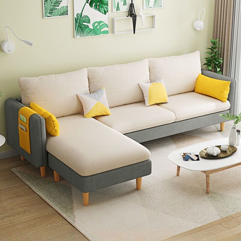 L-Shape Contemporary Pine Reversible Corner Sectional for Living Space, Faux Cashmere, Light Gray/ Beige, 79"L x 46"W x 28"H