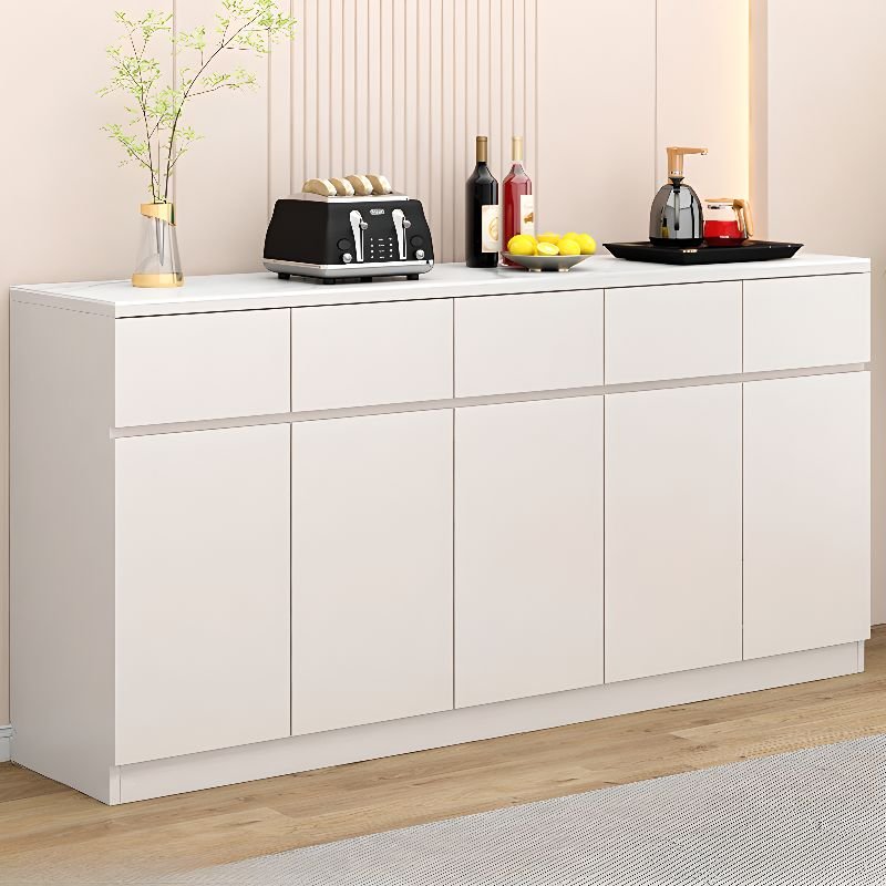 14'' Wide Freestanding Sideboard in Slab with 5 Doors, 5 Drawers and Slate Countertop, White, 79"L x 14"W x 35"H
