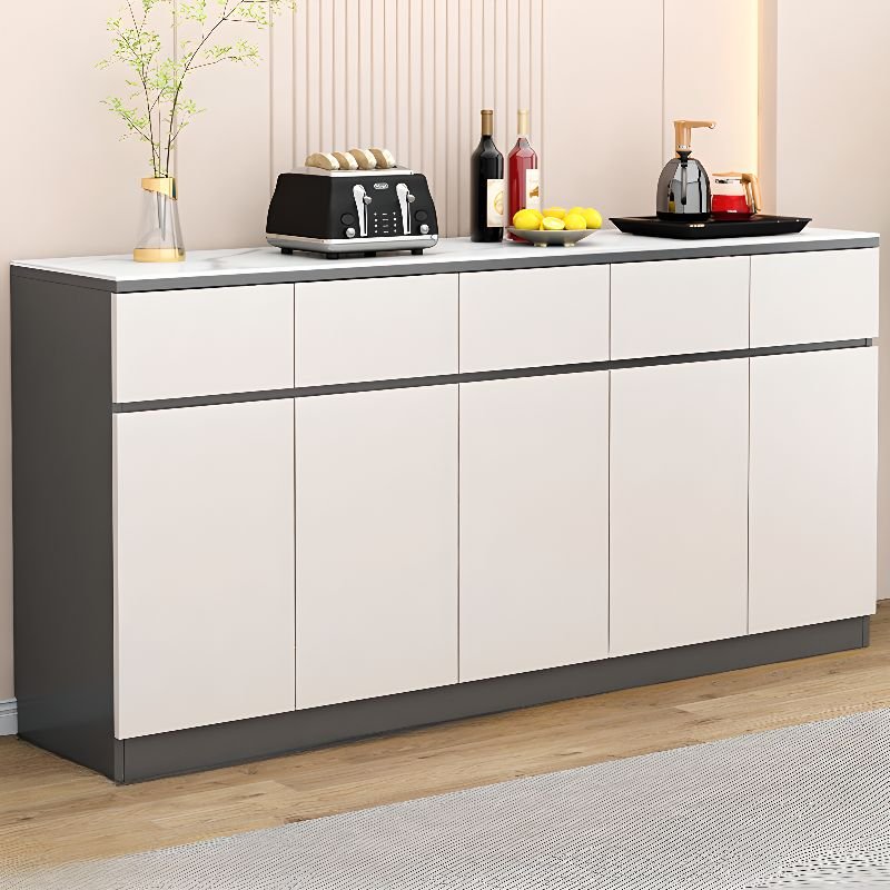 14'' Wide Freestanding Sideboard in Slab with 5 Doors, 5 Drawers and Slate Countertop, White-Gray, 79"L x 14"W x 35"H