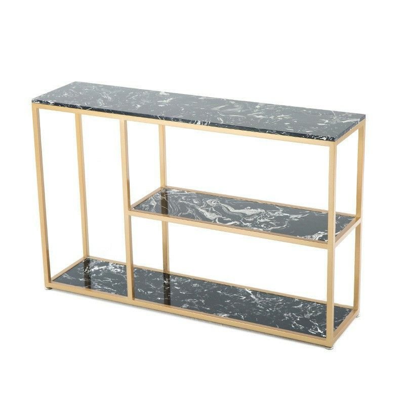 Stylish Black Rectangular Stone Top Top Floor Shelf Entry Table 1 Piece with 1 Shelf, Gold, 55"L x 12"W x 31"H