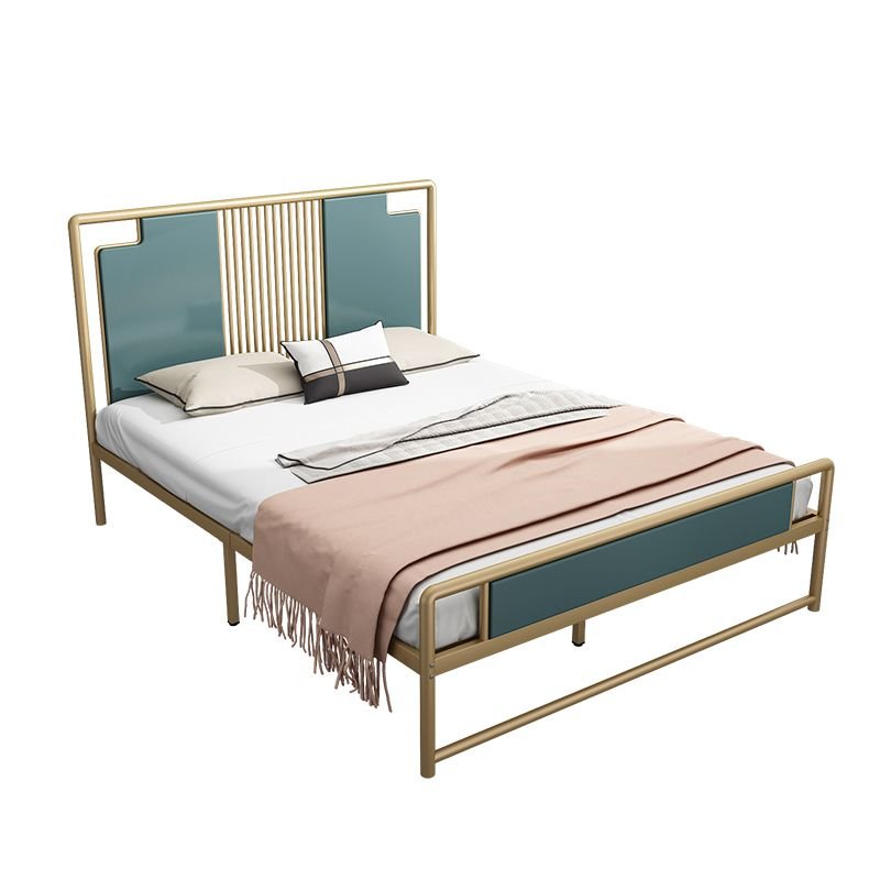 Brass Platform Bed Metal Leg with Faux Leather and Panel Headboard for Bedroom, 47"W x 75"L