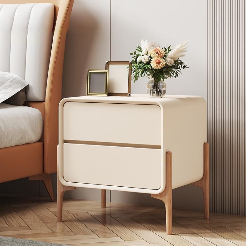 2 Drawers Modish Faux Leather Drawer Storage Bedside Table with Leg, Beige, 16"L x 16"W x 20"H