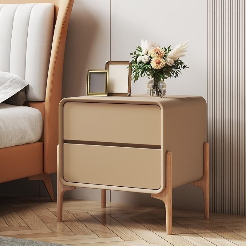 2 Drawers Casual Faux Leather Drawer Storage Nightstand with Leg, Milk Tea Color, 20"L x 16"W x 20"H