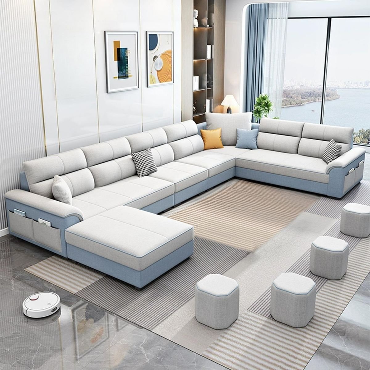 10ft Large Modern U-Shape Reversible Wood Sectional, Black Sofa Chaise with Pillow Top Arms - Cotton and Linen Beige/ Light Blue