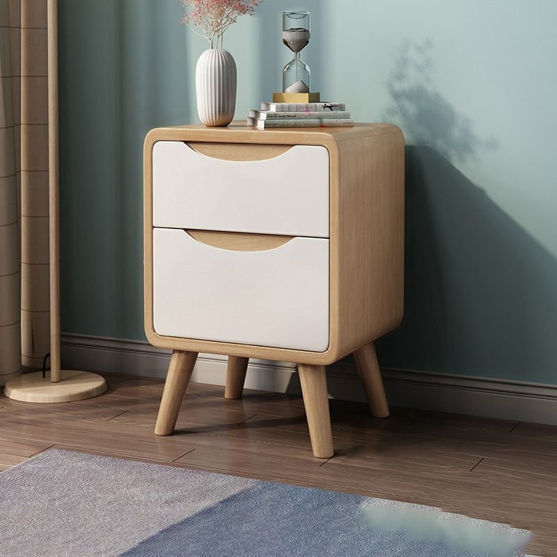 2 Drawers Modern Simple Style Solid Wood Nightstand With Drawer Organization with Leg, Wood/ Beige, 12"L x 16"W x 20"H