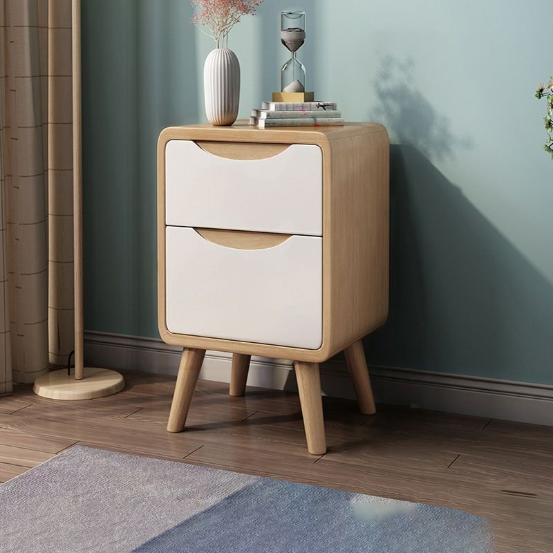 2 Drawers Art Deco Wood Nightstand With Drawer Storage with Leg, Wood/ Beige, 10"L x 16"W x 20"H