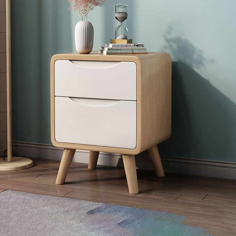 2 Drawers Minimalist Wood Nightstand With Drawer Storage with Leg, Natural Wood/ White, 14"L x 16"W x 20"H