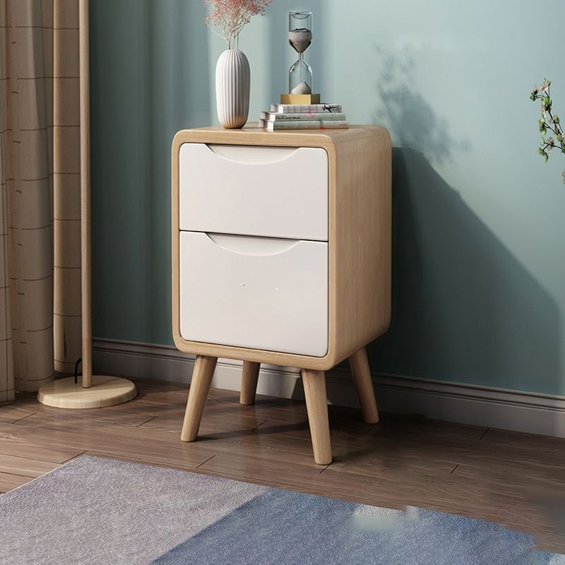 2 Drawers Nordic Natural Wood Drawer Storage Bedside Table with Leg, Natural Wood/ White, 10"L x 16"W x 20"H