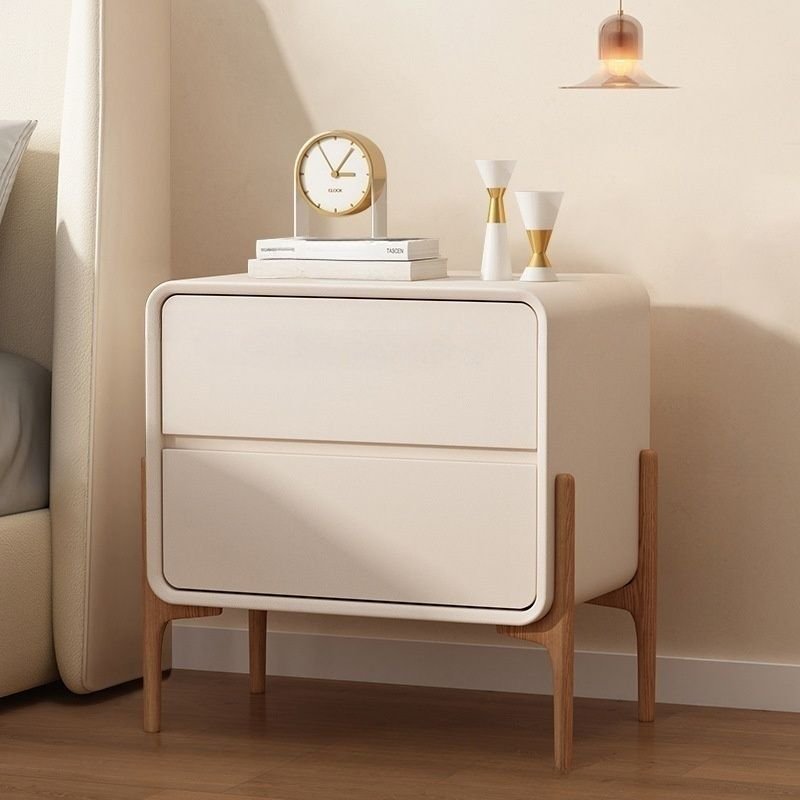 2 Drawers Minimalist Solid Wood Drawer Storage Bedside Table with Leg, Off-White, 16"L x 16"W x 20"H