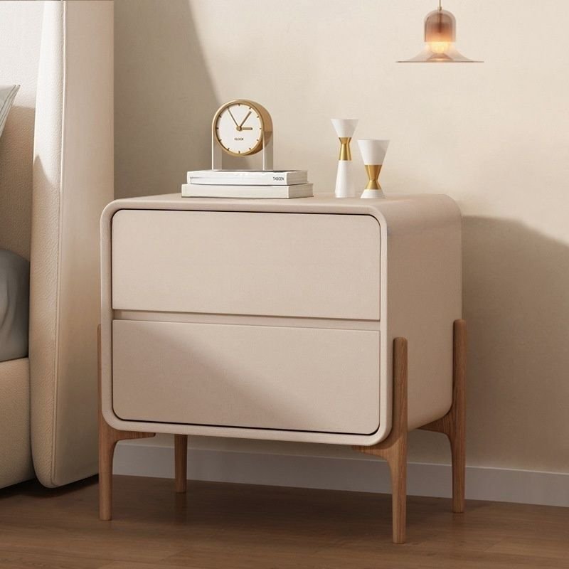 2 Drawers Modern Simple Style Solid Wood Drawer Storage Bedside Table with Leg, Light Apricot, 16"L x 16"W x 20"H