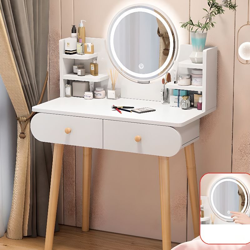 Adjustable Touch LED Reclaimed Wood Makeup Vanity Flooring with Tabletop Storage, Push-Pull, No Floating, Lighted Mirror, White, 31"L x 16"W x 47"H