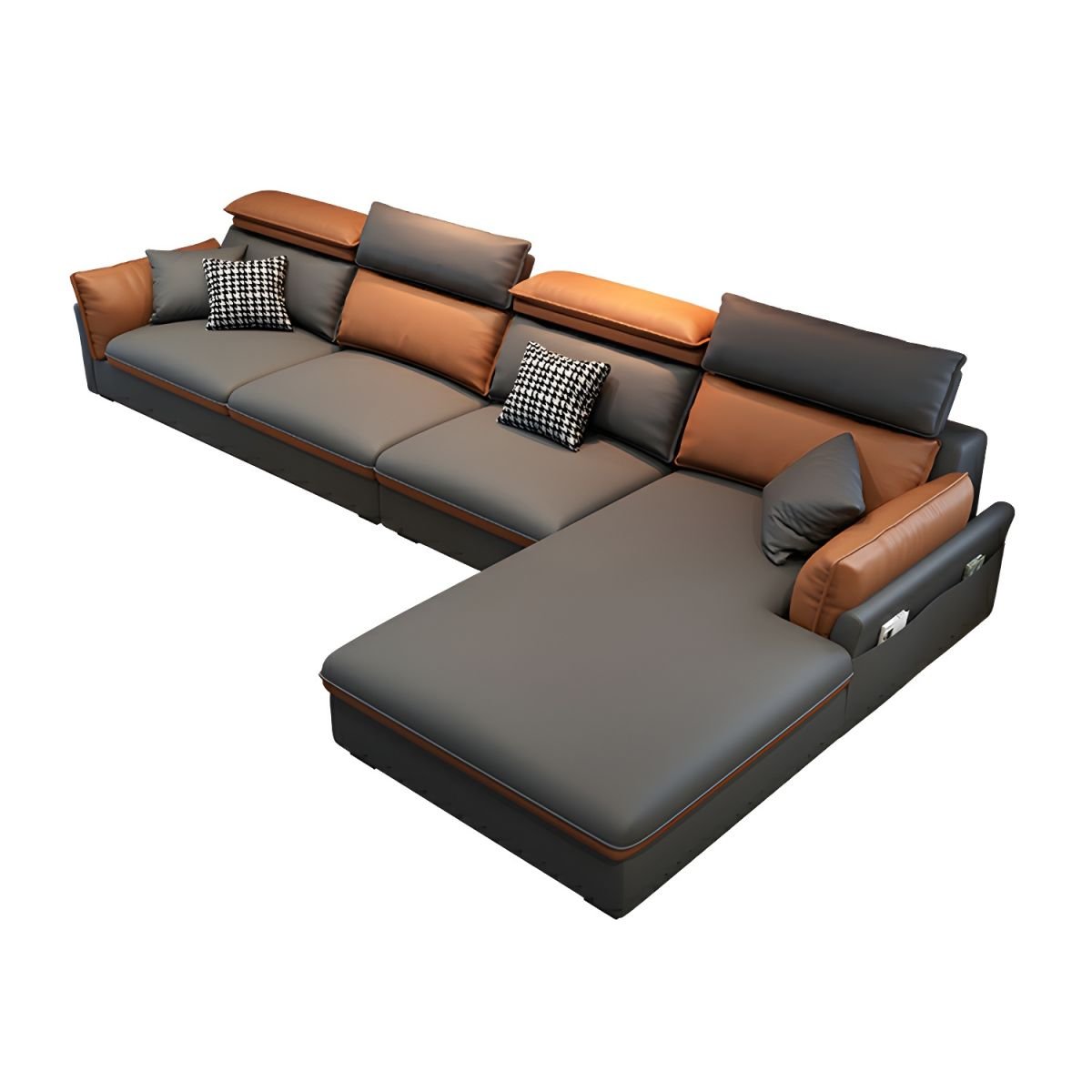Contemporary Pillow Top Arm Sectional Sofa in Gray and Orange with Adjustable Back - 126"L x 71"W x 31"H Tech Cloth