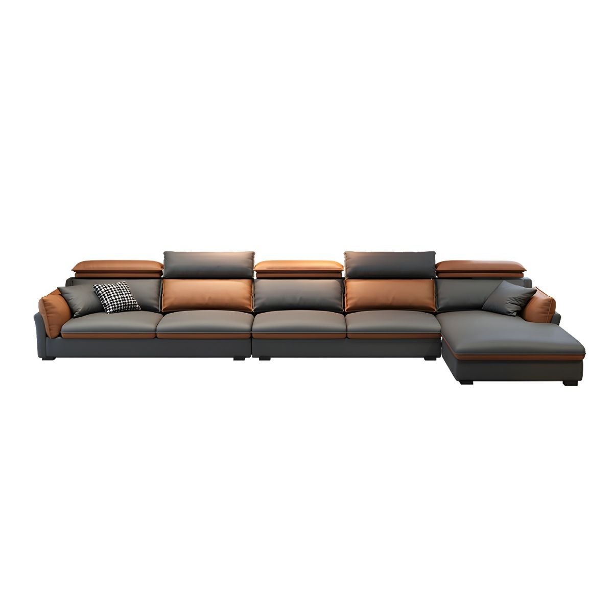 Contemporary Pillow Top Arm Sectional Sofa in Gray and Orange with Adjustable Back - 154"L x 71"W x 31"H Tech Cloth