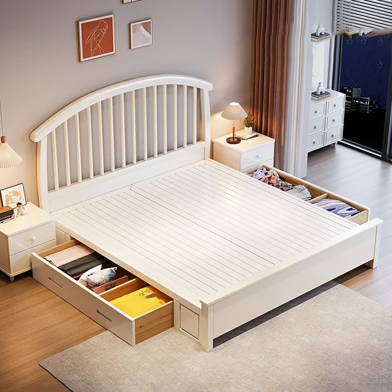 Trendy White Wood Bed with Leg & Wooden Frame, 71"W x 79"L, Pull-Out Storage