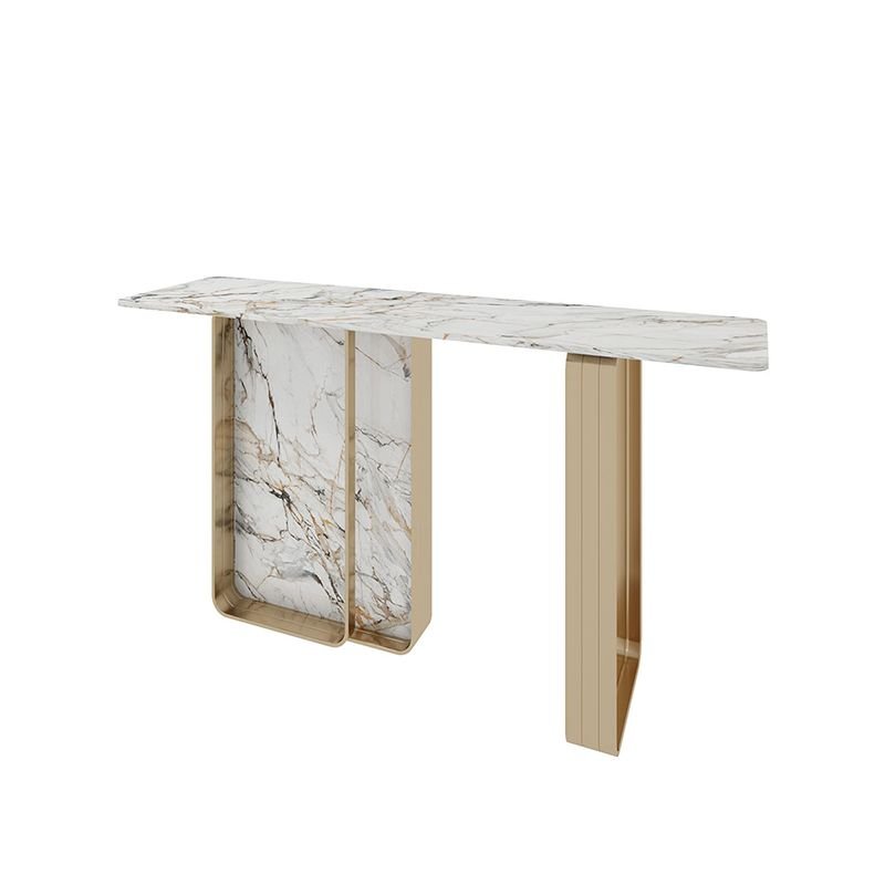 1 Piece Luxury Rectangular Stone Top Entry Way Table in Ivory with Abstract Base and Scratch Resistant, 71"L x 14"W x 31"H