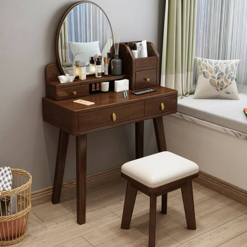 Modern Simple Style No Floating Rubberwood Floor Vanity with Tabletop Storage & Push-Pull Drawers Bedroom, Dividers Included, Makeup Vanity & Stools, Nut-Brown, 31.5"L x 16"W x 55"H