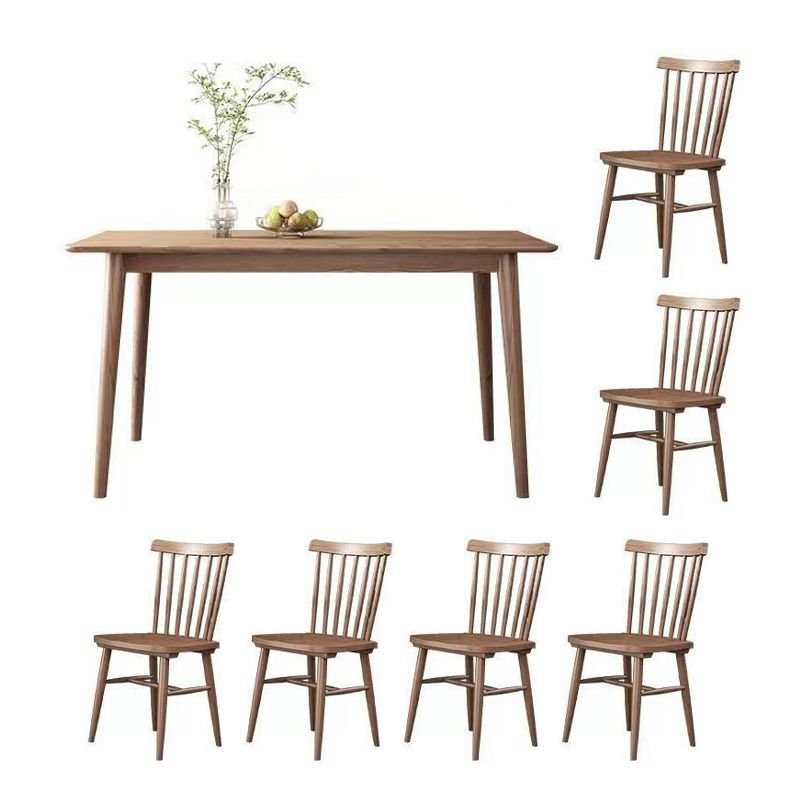Art Deco Natural Finish Dining Table Set with Ash Windsor Back Chairs for Seats 6, 63"L x 31.5"W x 29.5"H, 7 Piece Set, Table & Chair(s)