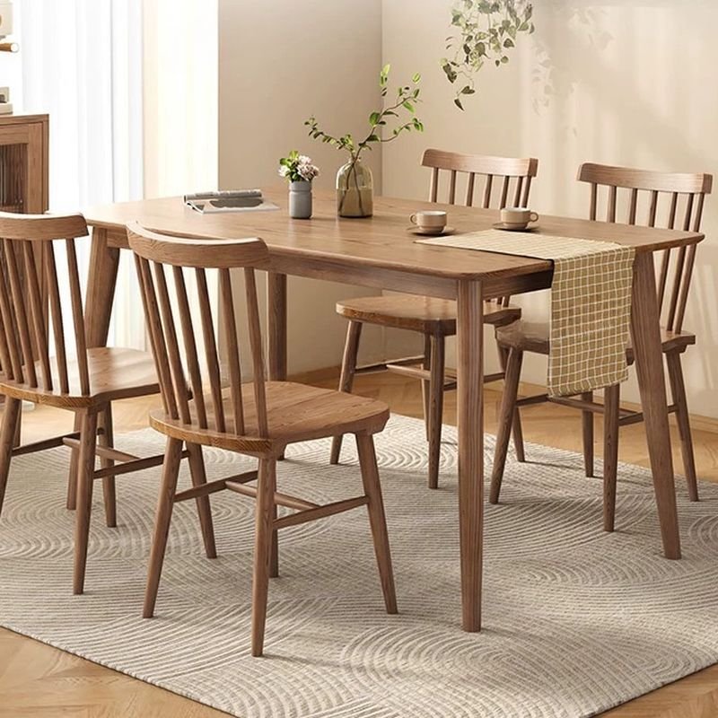 Art Deco Wood Color Dining Table Set with Ash Wood Windsor Back Chairs for 6 People, 59.1"L x 31.5"W x 29.5"H, 5 Piece Set, Table & Chair(s)