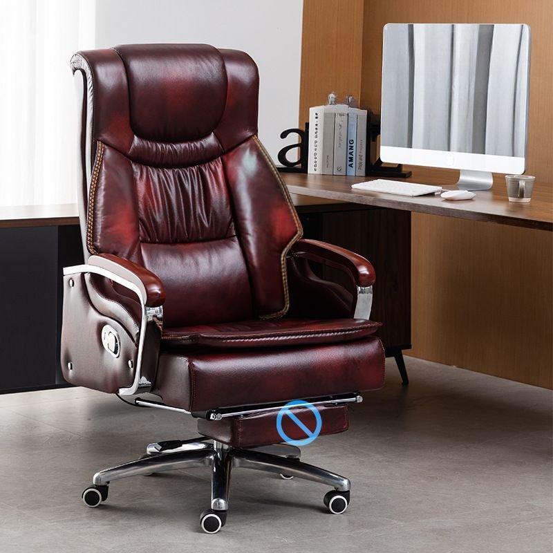 Casual Tilt Lock Adjustable Back Angle Swivel Lifting Burgundy Ergonomic Faux Leather CEO Chair with Fixed Arms and Casters, Without Footrest, PU（Polyurethane）, Red Brown