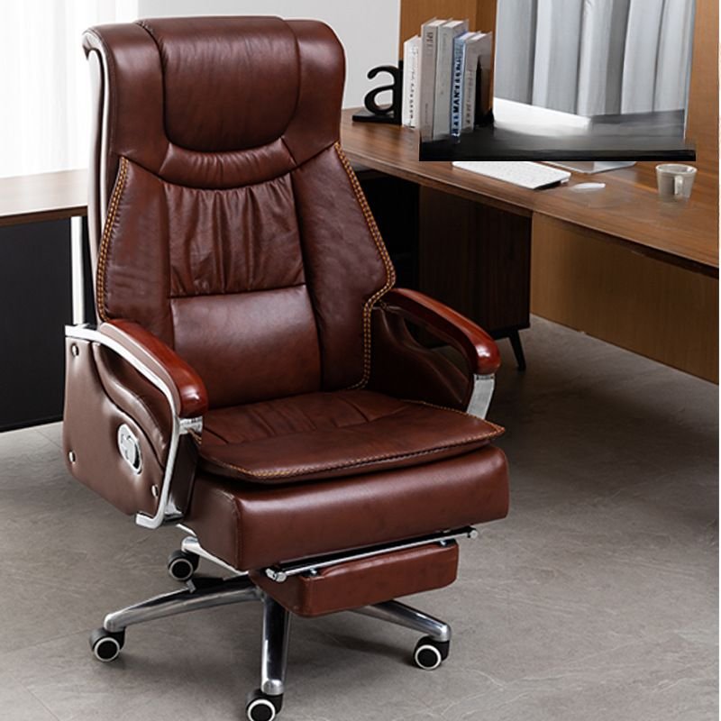 Casual Tilt Lock Adjustable Back Angle Swivel Lifting Brown Ergonomic Faux Leather CEO Chair with Fixed Arms and Casters, With Footrest, PU（Polyurethane）, Brown