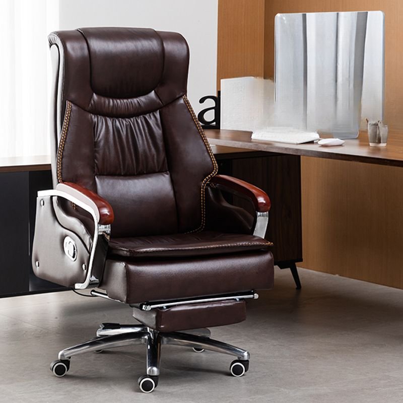 Casual Tilt Lock Adjustable Back Angle Swivel Lifting Brown Ergonomic Cowhide CEO Chair with Fixed Arms and Casters, With Footrest, Full Grain Cow Leather, Coffee