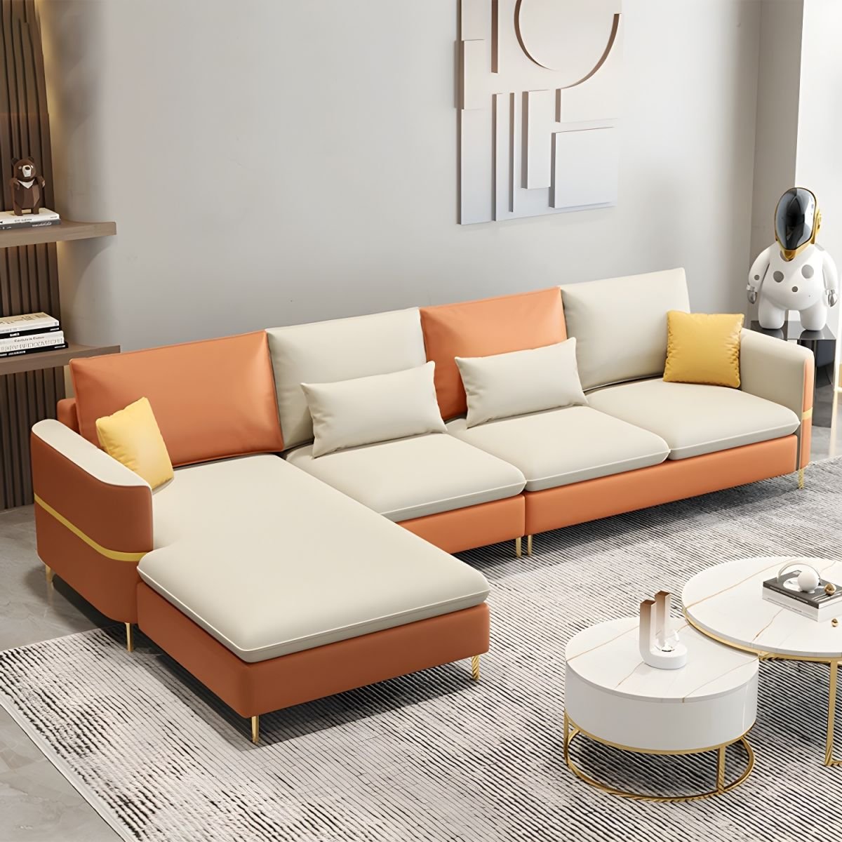 Glam Tech Cloth U-Shape Stationary Sectional Sofa Chaise in 2 Piece Set - Tech Cloth Latex & Down Orange/ Beige Left