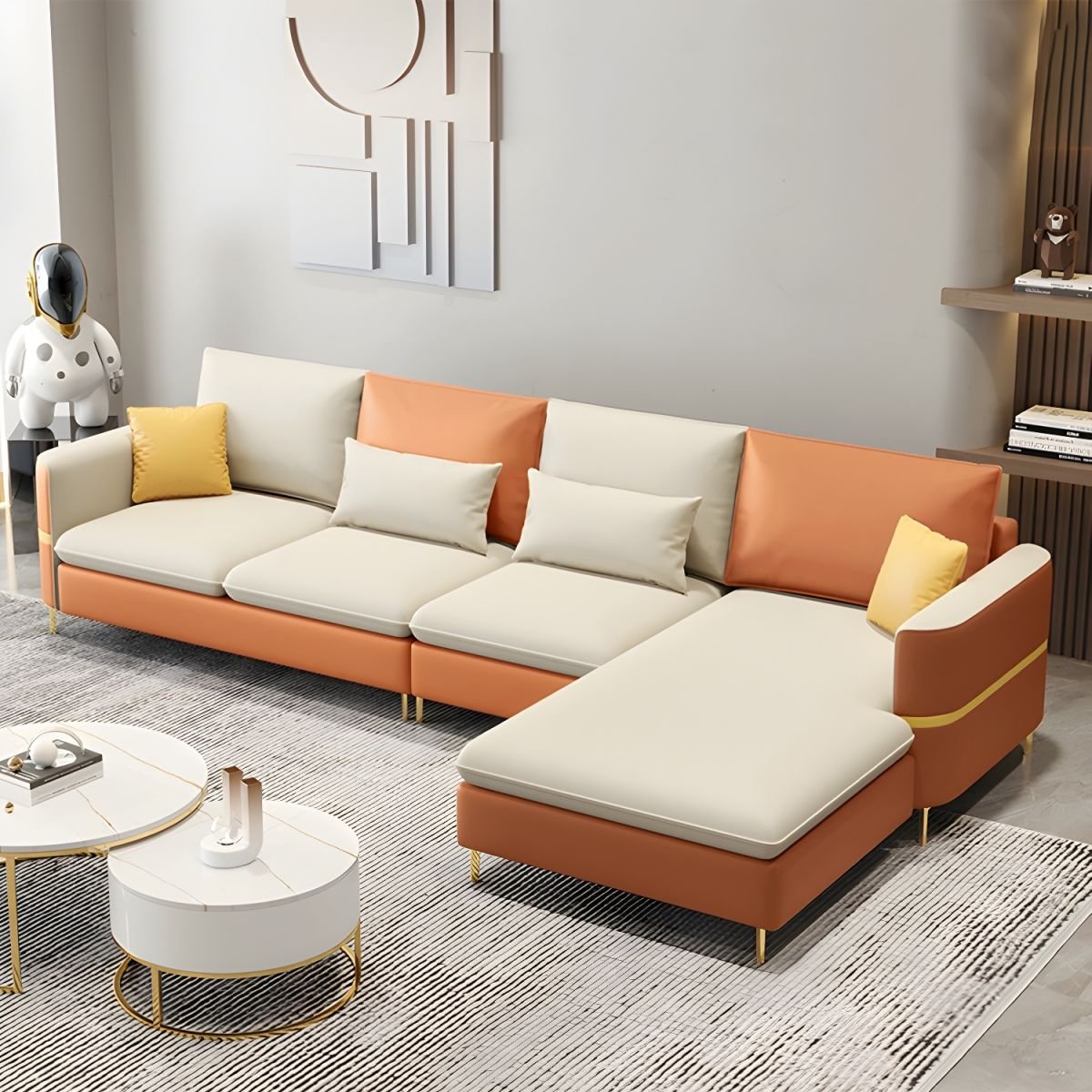 Glam Tech Cloth U-Shape Stationary Sectional Sofa Chaise in 2 Piece Set - Tech Cloth Latex & Down Orange/ Beige Right
