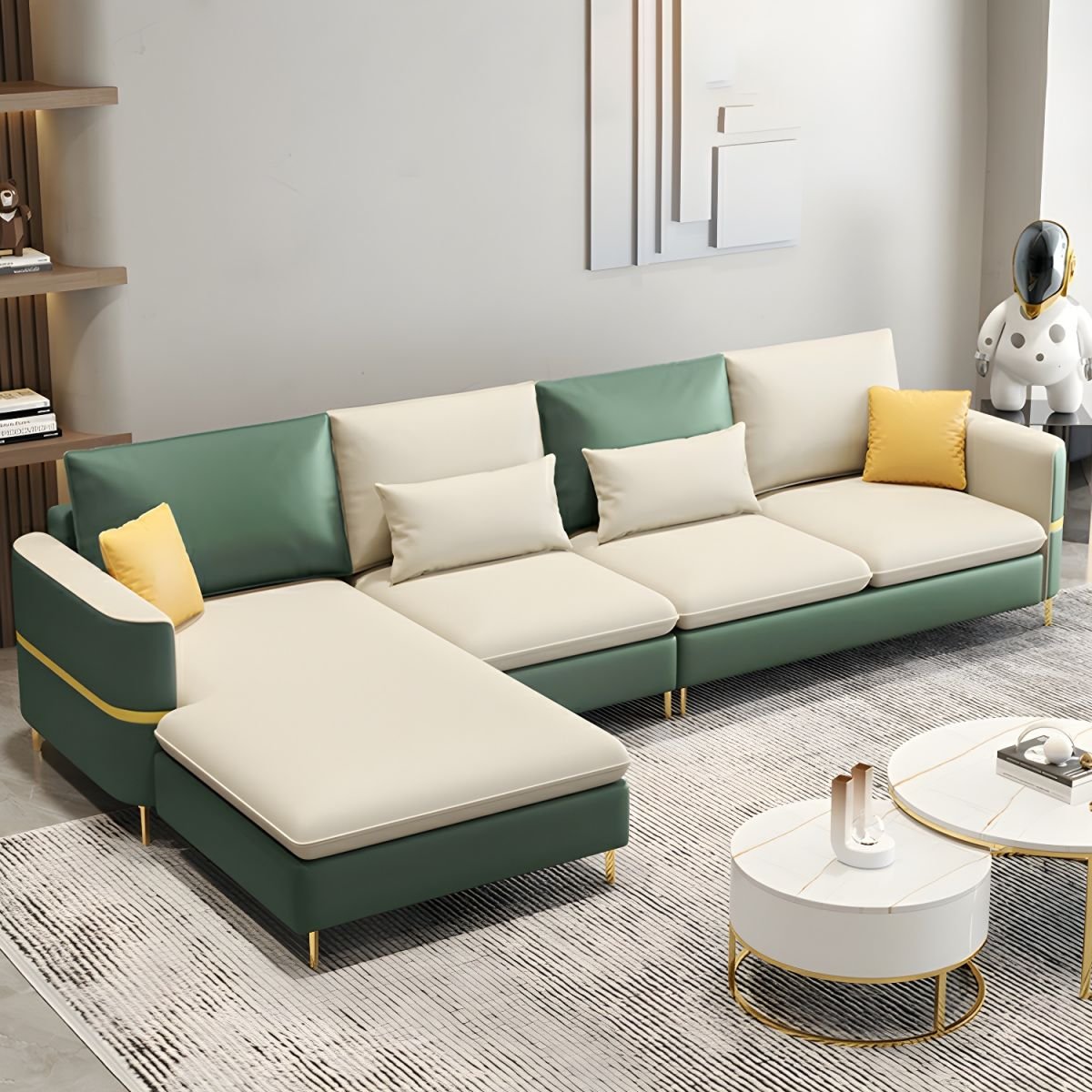 Glam Tech Cloth U-Shape Stationary Sectional Sofa Chaise in 2 Piece Set - Left Tech Cloth Blackish Green/ Beige Latex & Down