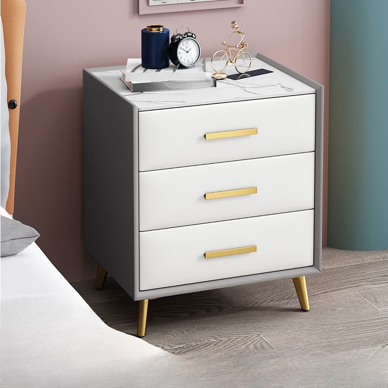 3 Drawers Modish Sintered Stone Drawer Storage Bedside Table with Leg, Light Gray/ White, Gold Handle, 18"L x 16"W x 23"H