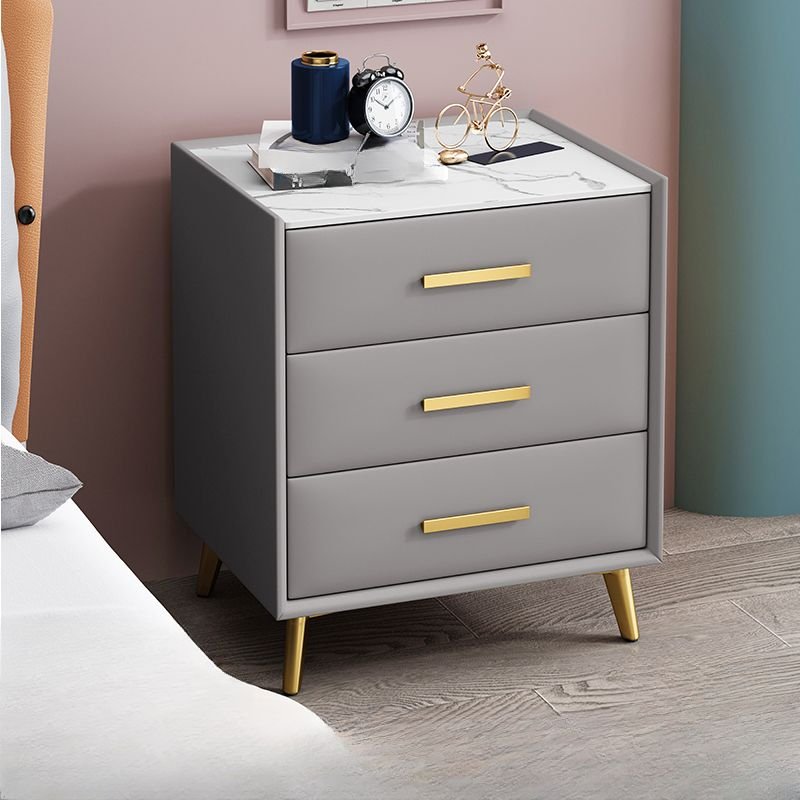 3 Drawers Organic Modern Sintered Stone Drawer Storage Bedside Table with Leg, Light Gray, Gold Handle, 14"L x 16"W x 23"H