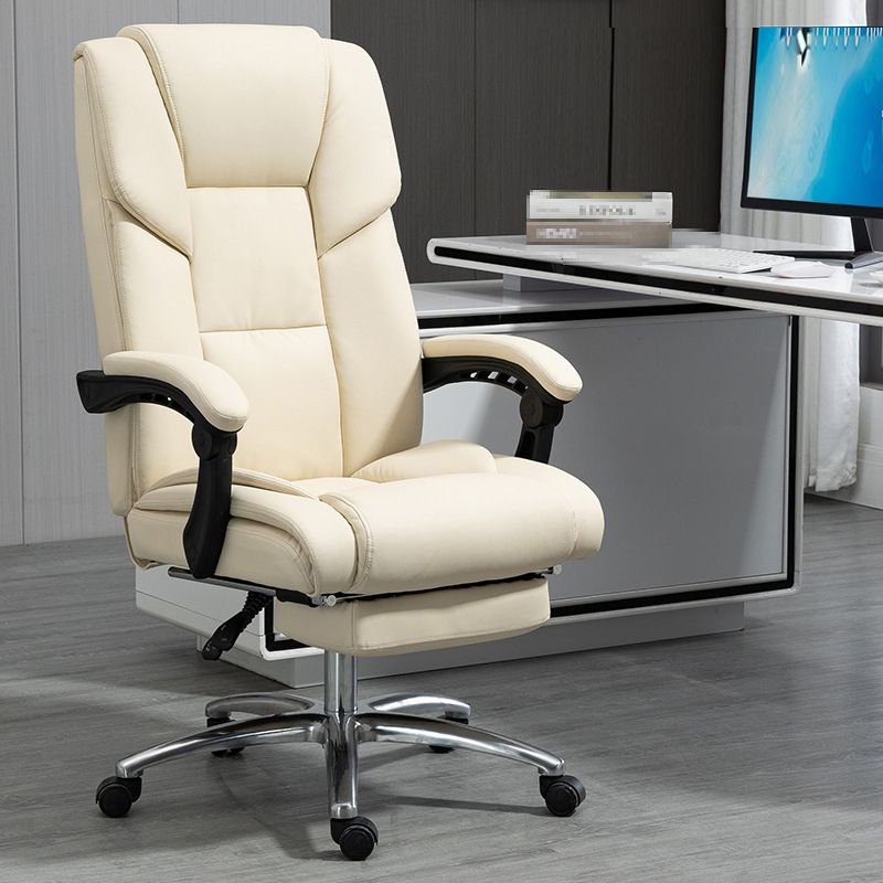 Minimalist Ergonomic Leather Study Chair in Ivory with Arms, Footrest and Adjustable Back Angle, Cream, Latex