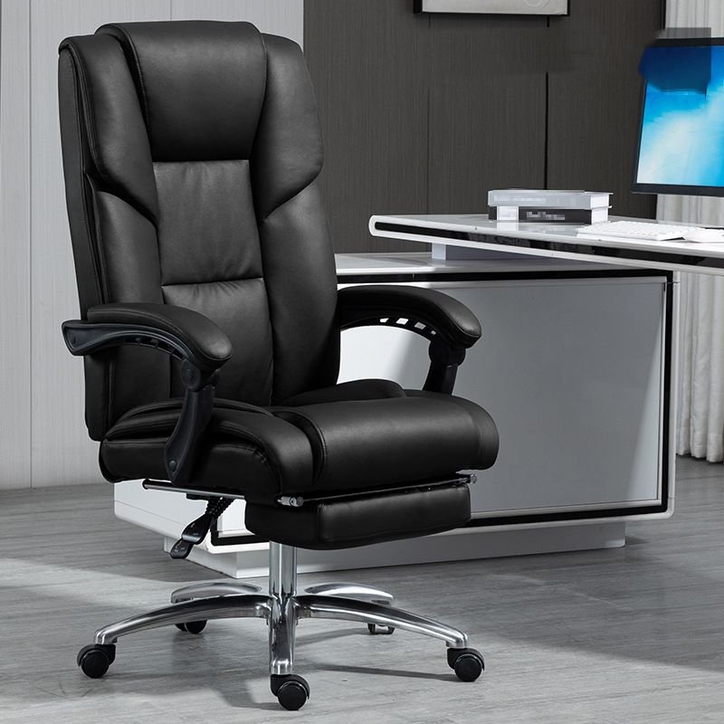 Art Deco Ergonomic Leather Office Desk Chairs in Black with Arms, Footrest and Adjustable Back Angle, Black, Latex
