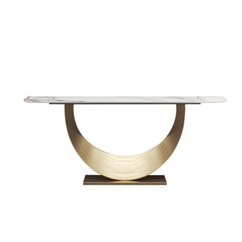 Stylish Cream Stone Top Foyer Table with U-shaped Base, Stain Resistant, Gold, 71"L x 16"W x 33"H