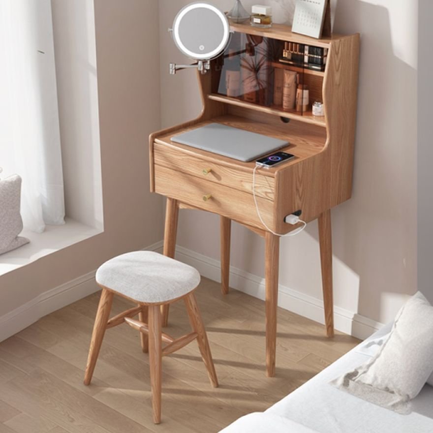 Bedroom Use Natural Color Rubberwood Push-Pull Floor Vanity with Tabletop Storage & Electrical Outlet, No Suspended, Makeup Vanity & Stools, Natural Finish, 24"L x 18"W x 46"H