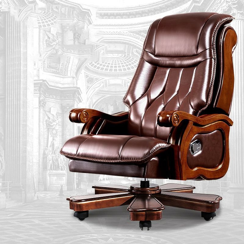 Classic Rotatable Lifting Cowhide Brown Executive Chair with Casters and Back, Brown, Cow Leather, Without Footrest, 5 Casters