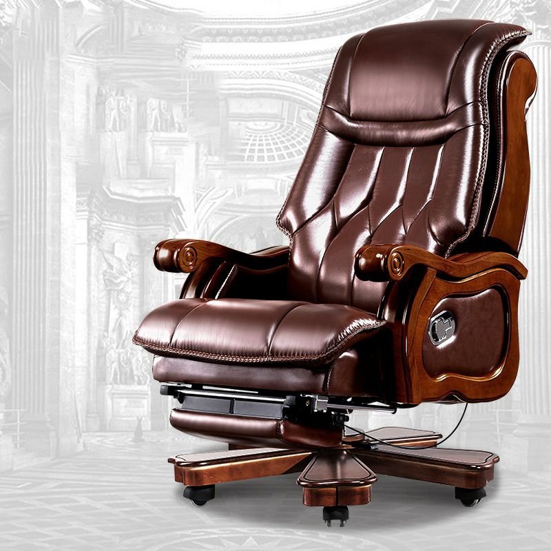 Classic Rotatable Lifting Cowhide Brown Executive Chair with Casters and Back, Brown, Cow Leather, With Footrest, 5 Casters