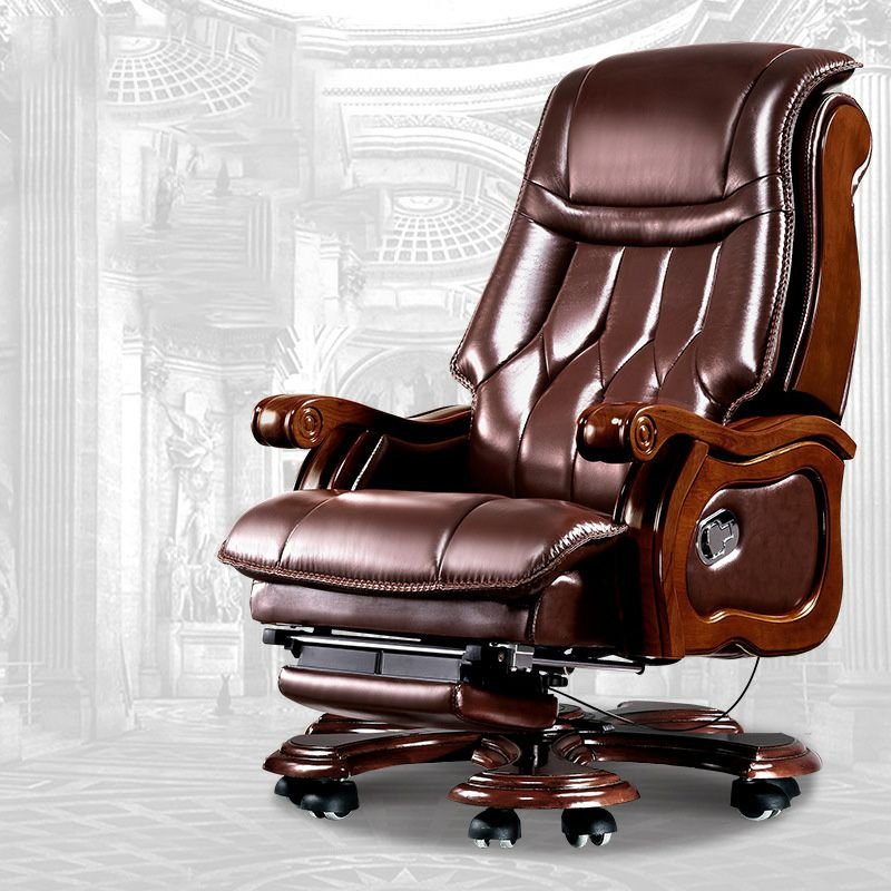 Classic Rotatable Lifting Cowhide Brown Executive Chair with Casters and Back, Brown, Cow Leather, With Footrest, 10 Casters