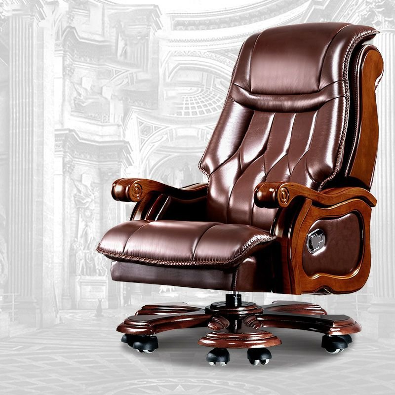 Classic Rotatable Lifting Cowhide Brown Executive Chair with Casters and Back, Brown, Cow Leather, Without Footrest, 10 Casters