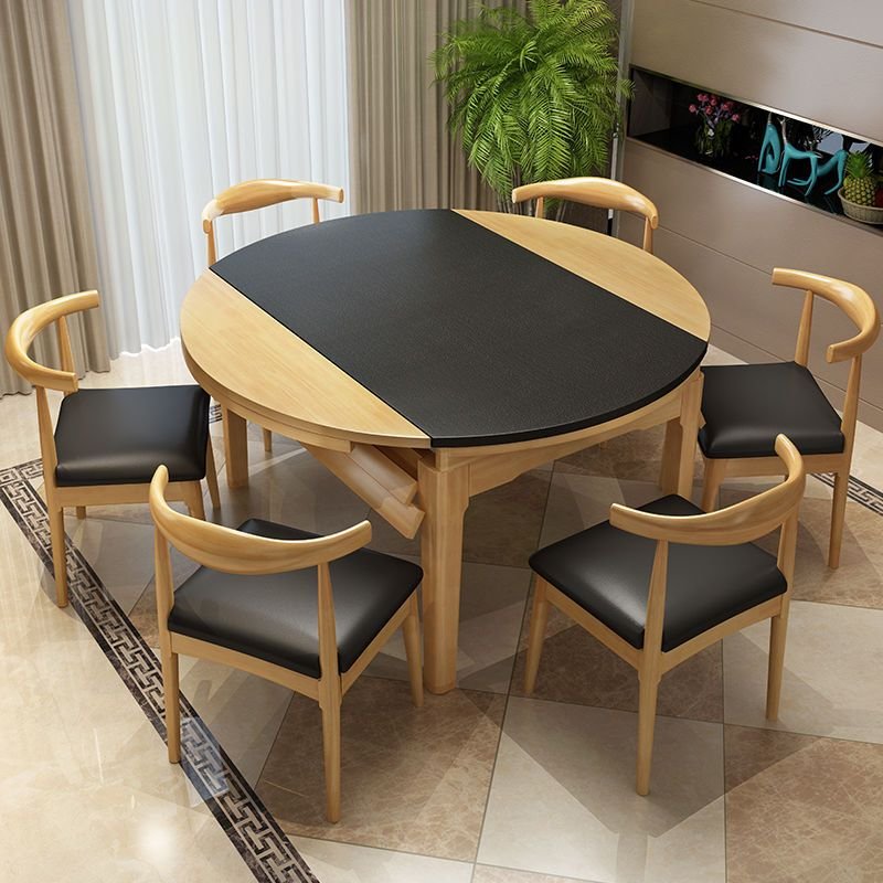 Art Deco Round Dining Table Set with 4 Legs, Self-Storing Leaf, a Multiple Colour Rubberwood Tabletop and Back, Table & Chair(s), 7 Piece Set, 59.1"L x 35.4"W x 29.5"H, Natural