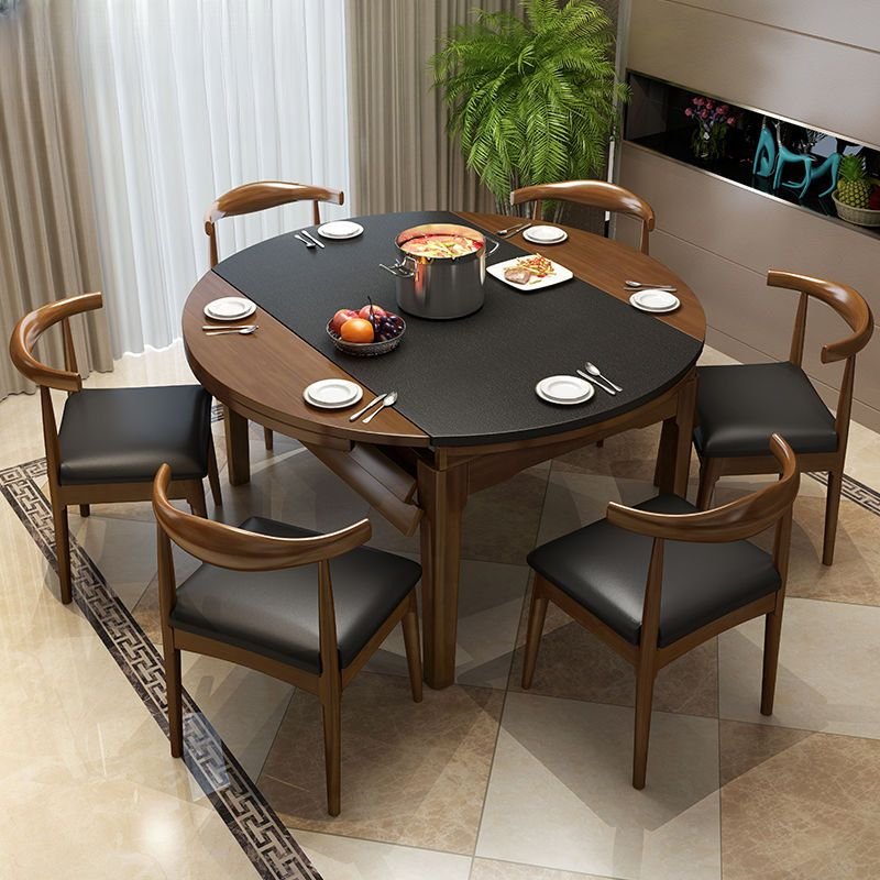 Casual Round Dining Table Set with 4-Leg, Self-Storing Leaf, a Multicolor Natural Wood Tabletop and Back, Table & Chair(s), 7 Piece Set, 59.1"L x 35.4"W x 29.5"H, Walnut