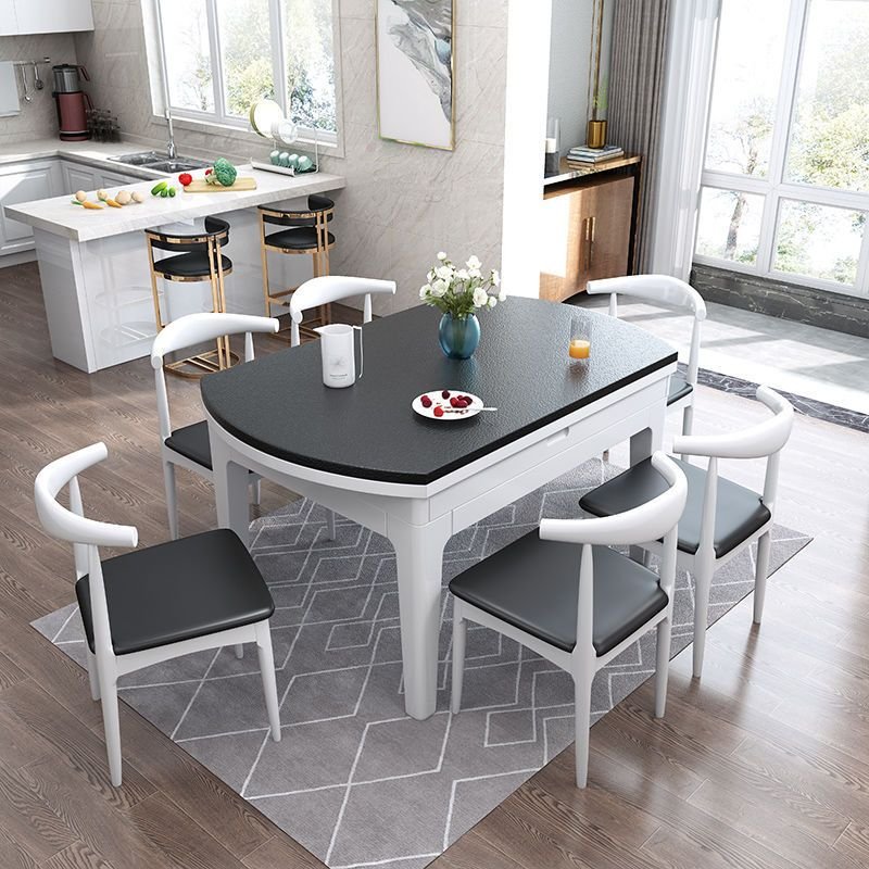 Shaker Round Dining Table Set with 4-Leg, Self-Storing Leaf, a Black Natural Wood Tabletop and Back, Table & Chair(s), 7 Piece Set, 47.2"L x 29.5"W x 29.5"H, White