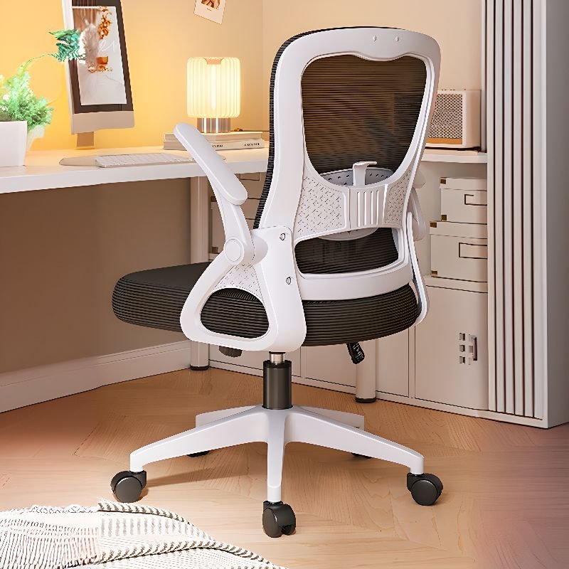 Ink Upholstered Office Desk Chairs with Armrest, Swivel, Tilt Available, Flip-Up Armrest, and Lumbar Support, Without Headrest, White-Black