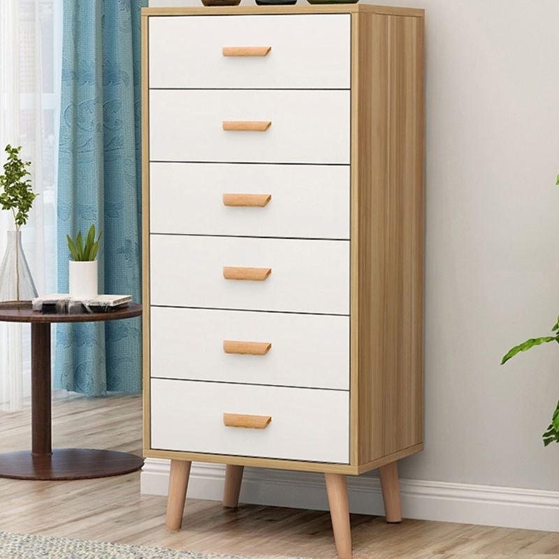 6 Drawers Minimalist Chalky Wood Raw Wood Vertical Lingerie Chest for Master Bedroom, Natural Wood/ White, Square