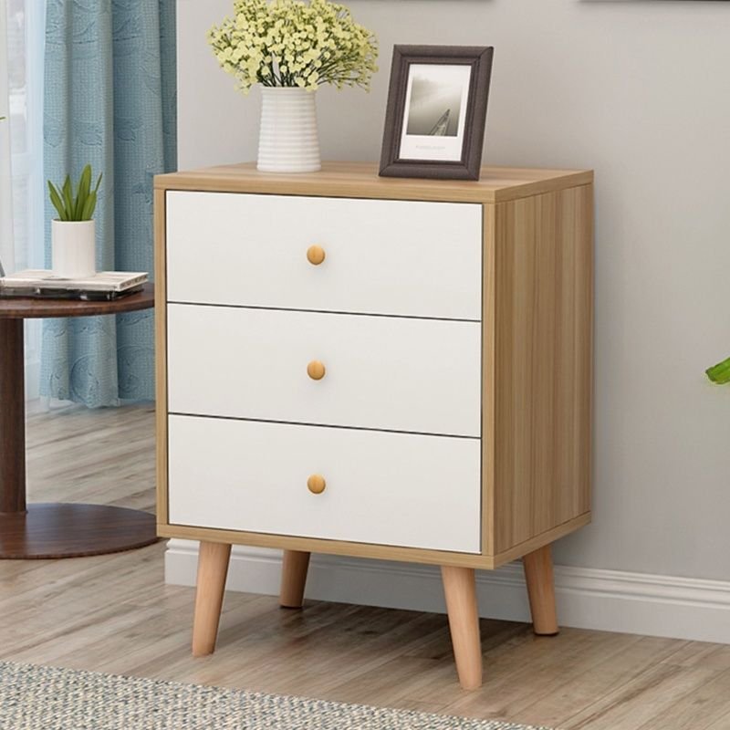 3 Drawers Contemporary Chalky Wood Raw Wood Vertical Bachelor Chest for Bedroom, Natural Wood/ White, Round