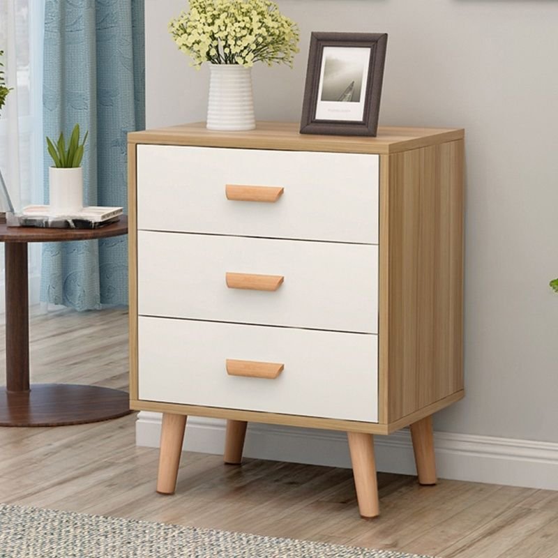 3 Drawers Modern Pale Wood Finish Bleached Wood Vertical Bachelor Chest for Master Bedroom, Natural Wood/ White, Square