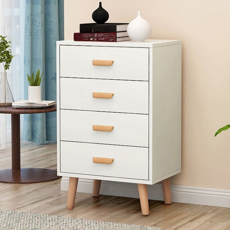 4 Drawers Modern Pale Wood Finish Raw Wood Vertical Lingerie Chest for Master Bedroom, White, Square