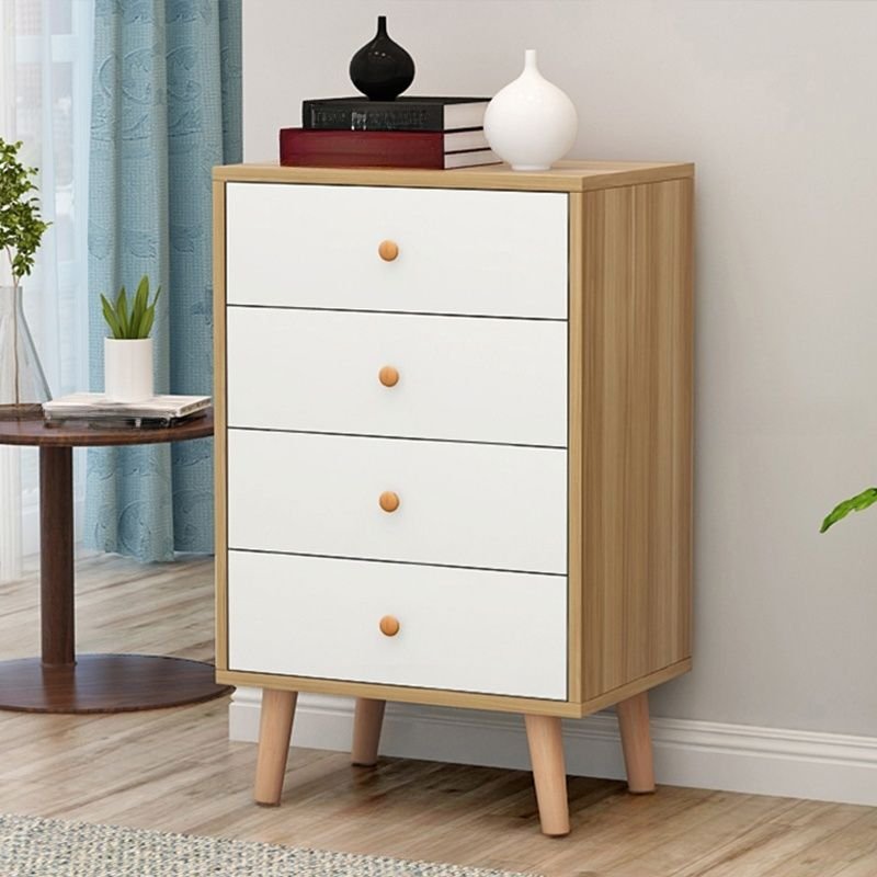 4 Drawers Trendy Light-Toned Wood Wood Vertical Semainier for Bedroom, Natural Wood/ White, Round