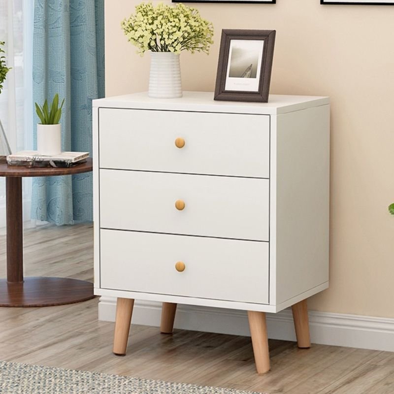 3 Drawers Simple Bleached Wood Wood Vertical Bachelor Chest for Bedroom, White, Round