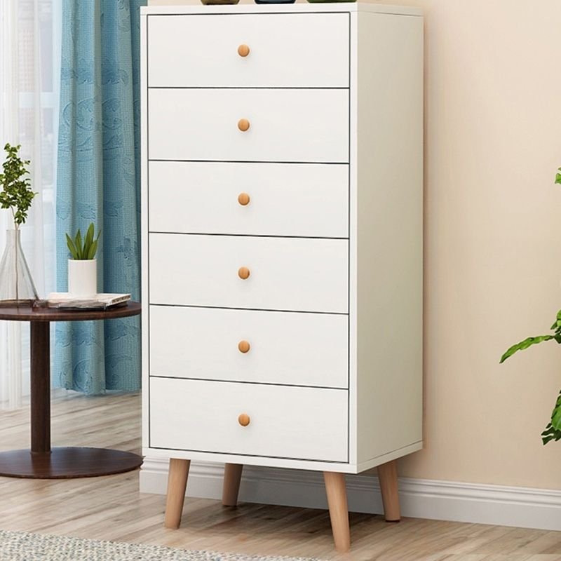 6 Drawers Casual Pale Wood Finish Bleached Wood Vertical Semainier for Bedroom, White, Round